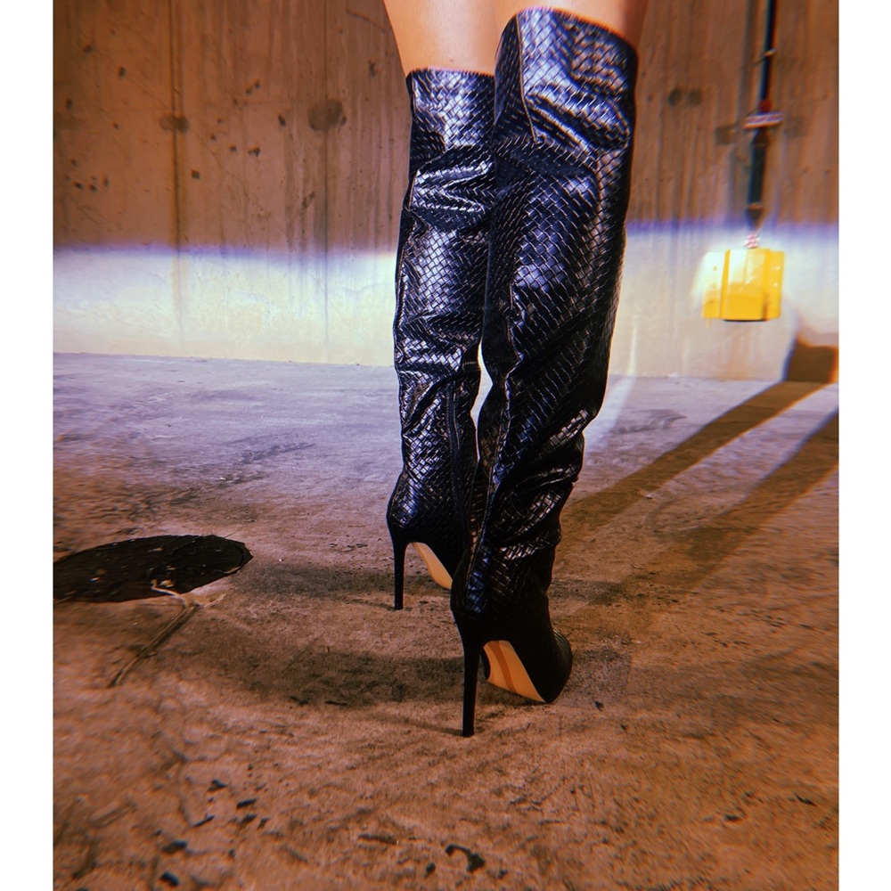 Black thigh high boot with woven detailed vegan leather. - Picture 4 of 6